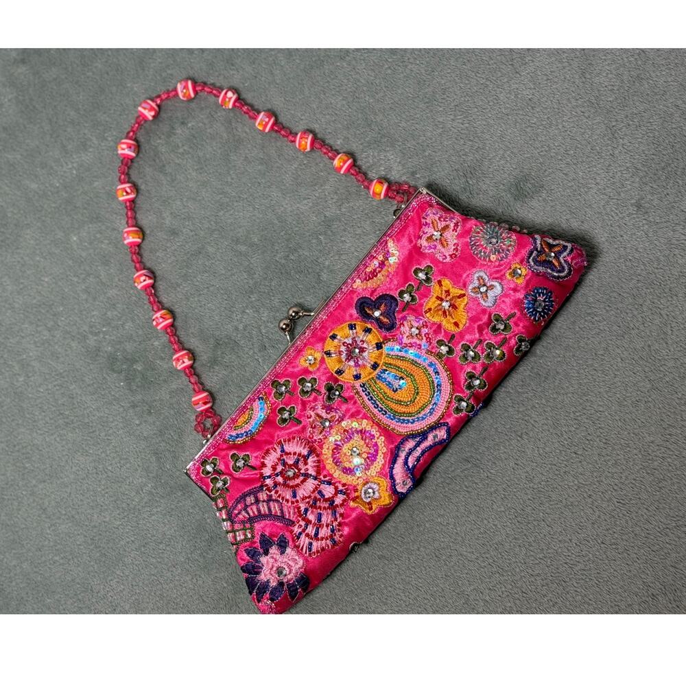 Pink Embroidered Satin Clutch Evening Bag Kiss Lock Boho Festival Statement Bag - Picture 2 of 11